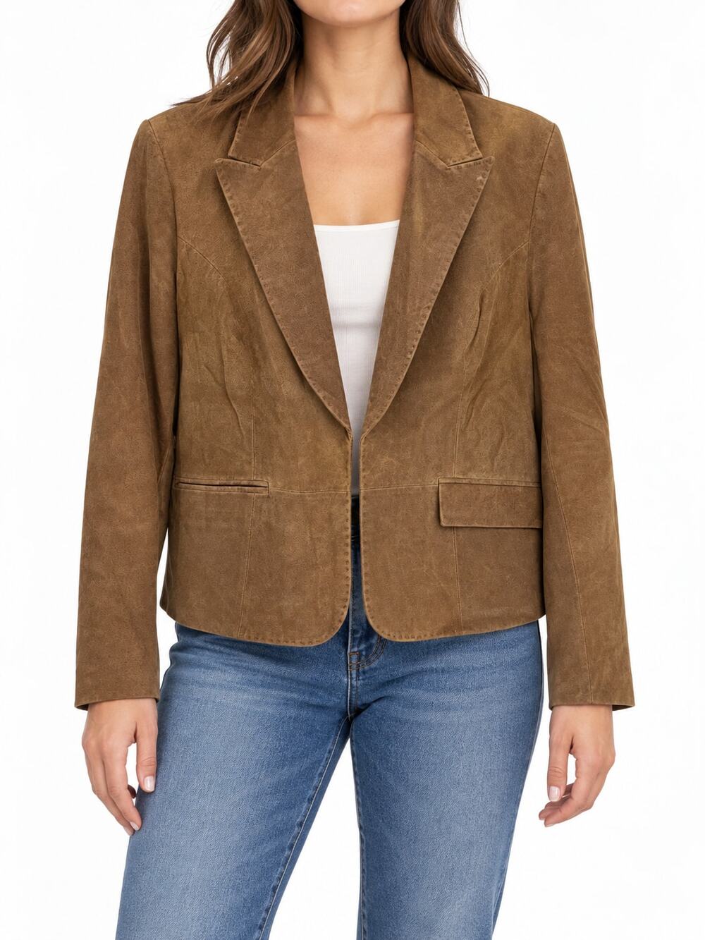 INC Women's Brown Genuine Leather Suede Blazer Jacket XL Cropped Tailored Lined